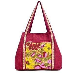 AMERICA & BEYOND MAROON TRIPLE ENTRY EMBELLISHED SHOULDER BOHO BAG